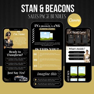 May include: A digital marketing graphic with the text "STAN & BEACONS SALES PAGE BUNDLES" and three smartphone mockups. The phones display sales page templates with text and images, including "Ready to Transform?" and "Just Say Yes!"