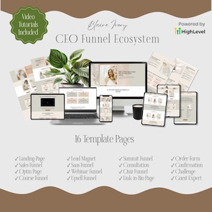 Puede incluir: Un conjunto de plantillas de marketing digital titulado Blaire Ivory CEO Funnel Ecosystem, con 16 páginas mostradas en un monitor, portátil, tableta y teléfono, junto a una planta verde y una vela negra.