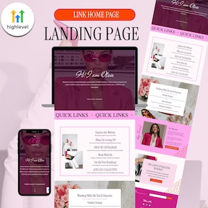 May include: A digital marketing landing page template featuring a pink and white color scheme. The layout includes sections for quick links, a professional biography for Olivia, and a client attraction roadmap, all displayed on laptop and mobile screens.