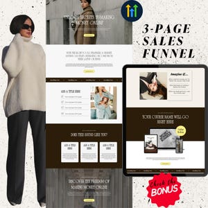 May include: A digital marketing template titled 3-PAGE SALES FUNNEL featuring a tablet display, website layout sections with brown and white color schemes, placeholder text, and a person wearing a cream turtleneck sweater and dark trousers.