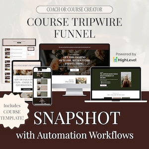 Könnte beinhalten: Ein digitales Marketing-Vorlagenset für Coaches und Kursersteller mit dem Titel Course Tripwire Funnel Snapshot with Automation Workflows. Es zeigt mehrere Bildschirm-Mockups, darunter einen Desktop-Monitor, einen Laptop und ein Mobiltelefon.