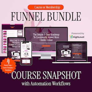 Puede incluir: Un paquete de embudos de marketing digital y una instantánea de curso mostrados en un monitor de escritorio, portátil y teléfono inteligente. Las pantallas incluyen texto como Course or Membership Funnel Bundle y Powered by HighLevel.