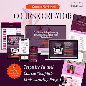 Puede incluir: Un conjunto de plantillas de marketing digital con un monitor de escritorio, tableta y teléfono inteligente que muestran diseños web en tonos morados y rosas, con texto que incluye Course Creator y The Simple 5-Step Roadmap.