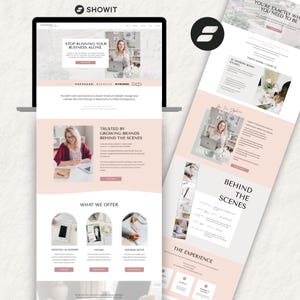 Puede incluir: Un ordenador portátil y dos maquetas de sitios web con una combinación de colores rosa claro y blanco. La pantalla del portátil muestra un sitio web con el texto "STOP RUNNING YOUR BUSINESS ALONE". Las maquetas muestran el diseño y la marca del sitio web.