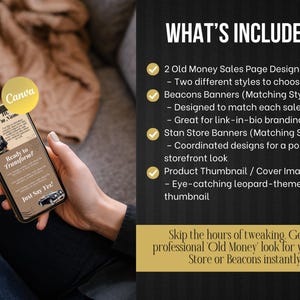 May include: A smartphone displays a Canva design with the text "Ready to Transform?" and "Just Say Yes!" The image also includes a list of included items, such as sales page designs, banners, and a leopard-themed thumbnail.