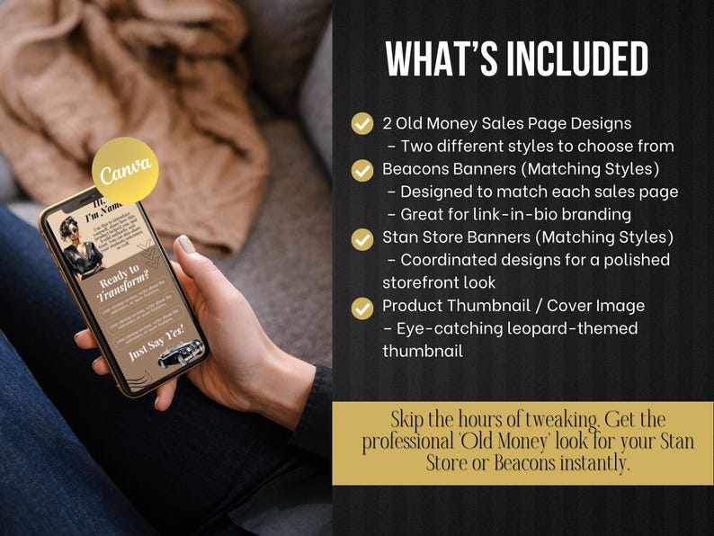 May include: A smartphone displays a Canva design with the text "Ready to Transform?" and "Just Say Yes!" The image also includes a list of included items, such as sales page designs, banners, and a leopard-themed thumbnail.