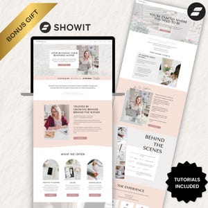 May include: A digital website template design displayed on a screen and a vertical layout, featuring a soft pink and white color palette, professional photography, and text including "Stop running your business alone" and "What we offer."