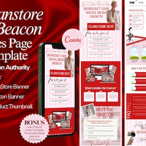 May include: A sales page template with a crimson background, featuring the text "Stanstore & Beacon Sales Page Template." Includes StanStore and Baecon banners, and a product thumbnail. The template promises to help users "Skyrocket Your Social Media Growth."