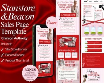 Stan Store Beacon Canva Sales Page Template for Coach Course Digital Products | Bold Red Crimson Authority Palette | Link in Bio Funnel |