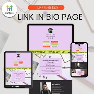 May include: A digital link in bio page template displayed on a tablet and smartphone screen. The design features a light purple background, a profile photo, and buttons labeled with text including Work With Me, Client Attraction, and Business Confidence.