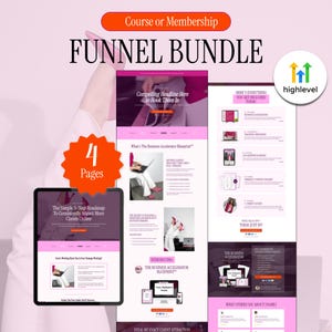 May include: A digital funnel bundle marketing kit featuring a tablet and two long-form landing page layouts. The design uses a pink and white color scheme with black text, including the title Funnel Bundle and a 4 Pages badge in orange.