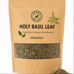 May include: A brown paper bag with a clear window showing dried Holy Basil Leaf. The bag features a Herbs and Life logo and text: "Holy Basil Leaf (Tulsi Tea | Ocimum Tenuiflorum) ORGANIC".