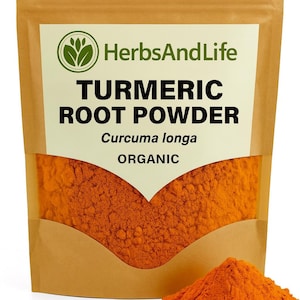 May include: A package of organic turmeric root powder. The package is brown with a white label that reads "HerbsAndLife" and "TURMERIC ROOT POWDER". The label also states "Curcuma longa" and "ORGANIC". The powder is a vibrant orange color.