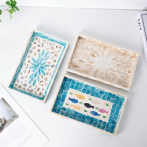 Handgemachtes Perlmutt Mosaik Serviertablett | Handwerker Muschel Inlay | Schreibtisch Organizer | Boho Dekor