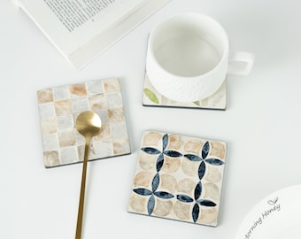 Handcrafted Mother-of-Pearl Coasters |  Square Coaster For Tea & Coffee Cups | Natural Home Decor | House Gift