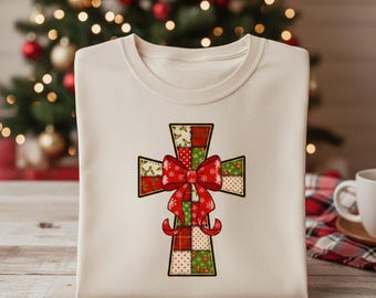 Christliches Weihnachtskreuz PNG: Shabby Chic Patchwork Blumen Sublimation