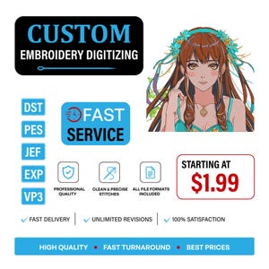 Könnte beinhalten: Eine digitale Grafik für individuelle Stick-Digitalisierungsdienste mit einer Anime-Figur mit braunem Haar und einem türkisfarbenen Blumenkranz. Das Bild enthält Textbeschriftungen wie CUSTOM EMBROIDERY DIGITIZING, FAST SERVICE sowie die Dateiformate DST, PES, JEF, EXP, VP3.