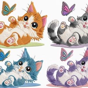 May include: Four embroidered kittens in orange, gray, blue, and purple, each lying on their back with white bellies and paws. Each kitten is accompanied by a colorful butterfly hovering nearby, featuring detailed stitching and large, expressive eyes.
