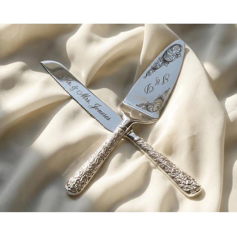 Personalized Wedding Cake Cutting Set, Engraved Stainless Steel Knife & Server