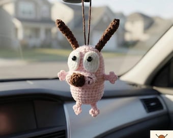 Colgante para coche de perro valiente hecho a mano a crochet, decoración de coche estilo dibujos animados, accesorio de hilo de algodón