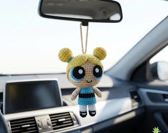 Adorno colgante para coche de Bubbles Powerpuff hecho a mano en crochet, lindo accesorio estilo anime, regalo para ella.