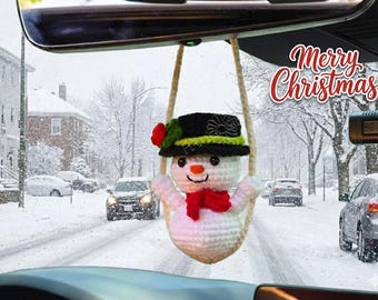 Adorno navideño de muñeco de nieve para coche, hecho a crochet, para espejo