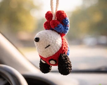 Crochet Snoopy Spiderman Car Charm, Handmade Superhero Dog Plush, Gift for Him