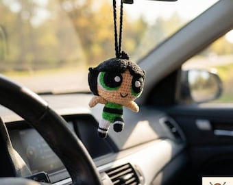 Colgante de coche de ganchillo con forma de ranúnculo hecho a mano, dije de muñeco amigurumi de héroe de dibujos animados, decoración de hilo de algodón