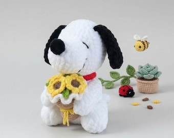 Amigurumi de Snoopy hecho a mano a crochet con ramo de girasoles, regalo para fans de Peanuts