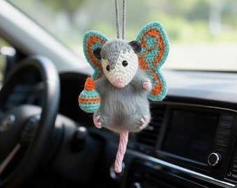 Colgante para coche de hada zarigüeya hecho a mano, colgador de espejo retrovisor de ganchillo de algodón con leche