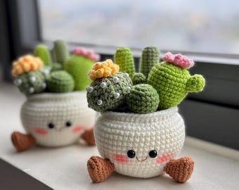 Maceta de cactus sonriente de ganchillo / Cactus de ganchillo hecho a mano / Bonita decoración de escritorio / Regalo para animar y aliviar el estrés / Regalo para mamá / Regalo para ella