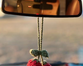 Percha de coche de cereza hecha a mano con ganchillo, adorno para el espejo retrovisor, decoración de hilo.