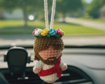 Colgante de Jesús para coche hecho a mano con ganchillo, adorno amigurumi de algodón con leche, decoración religiosa para coche, regalo del Día de la Madre, regalo para mamá