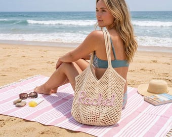 Bolso de playa de ganchillo personalizado, bolso de playa hecho a mano con hilo de algodón y nombre personalizado, bolso de viaje ligero y transpirable, regalo para mamá.
