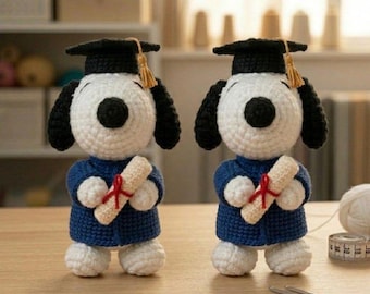 Peluche de Snoopy de ganchillo para graduación, recuerdo de graduación hecho a mano en amigurumi, regalo educativo, lindo regalo de graduación