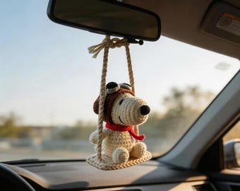 Colgante para coche de Snoopy Piloto, colgante de Snoopy de ganchillo para el espejo retrovisor, decoración de coche con forma de perro adorable, regalo de amigurumi hecho a mano para mamá.