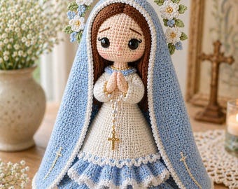 Muñeca de la Virgen María hecha a mano en ganchillo – Regalo católico de amigurumi, decoración religiosa, figura de la Santísima Madre.