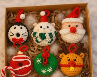 Adornos navideños de ganchillo - Set de 6 donuts amigurumi, decoración navideña