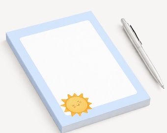 Happy Sun Notepad, Pastel Blue Memo Pad, Sunshine Stationery, Minimalist Summer Note Paper