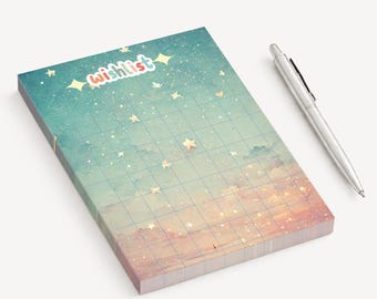 Galaxy Wishlist Notepad, Starry Night Sky Memo Pad, Teal and Gold Celestial Stationery