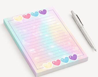 Sparkle Hearts Notepad, Rainbow Gradient Memo Pad, Lined Stationery