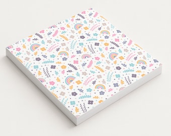 Rainbow & Floral Square Notepad, Pastel Pattern Memo Pad