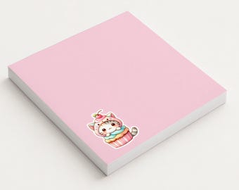 Kawaii Cat Cupcake Notepad, Pink Square Memo Pad, Pastel Kitten Stationery