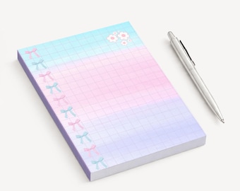 Pastel Bows Notepad, Rainbow Gradient Memo Pad, Kawaii Stationery, Colorful Ribbon Note Paper