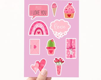 Valentine’s Sticker Sheet, Love & Heart Stickers for Journaling, Romantic Planner Decals, Scrapbooking Supplies