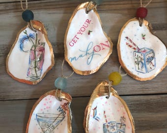 Mahjong Oyster Shell Party Decor Ornament, Dice Holder. Hand-Painted Gold Leaf Decor