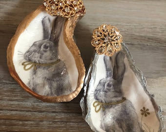 Bunny Oyster Shell Ring Dish, Decoupage Jewelry Trinket Bowl