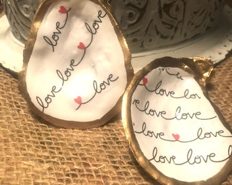 Painted Oyster Shell Jewelry Dish, Red Heart Love Decor