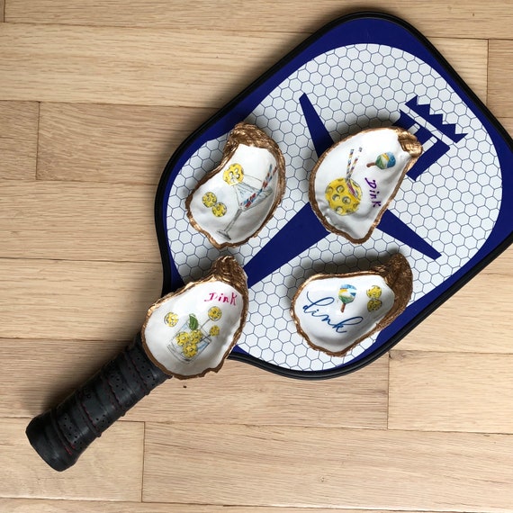 Pickle Ball Oyster Shell Ornament: Painted Decoupage Ring Dish