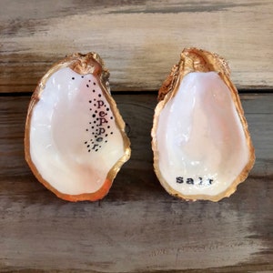 Salt and Pepper Dishes,Set of 2 Oyster Shell Pinch Bowls,Gold Leaf S&P Shaker,Cellars,Coastal Wedding,Hostess Birthday,Mother’s Day Gift